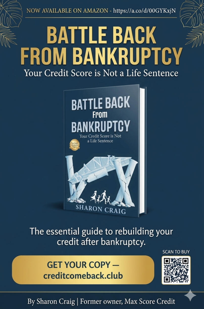 Promotional graphic for Battle Back from Bankruptcy by Sharon Craig, showing the book cover and where to buy it