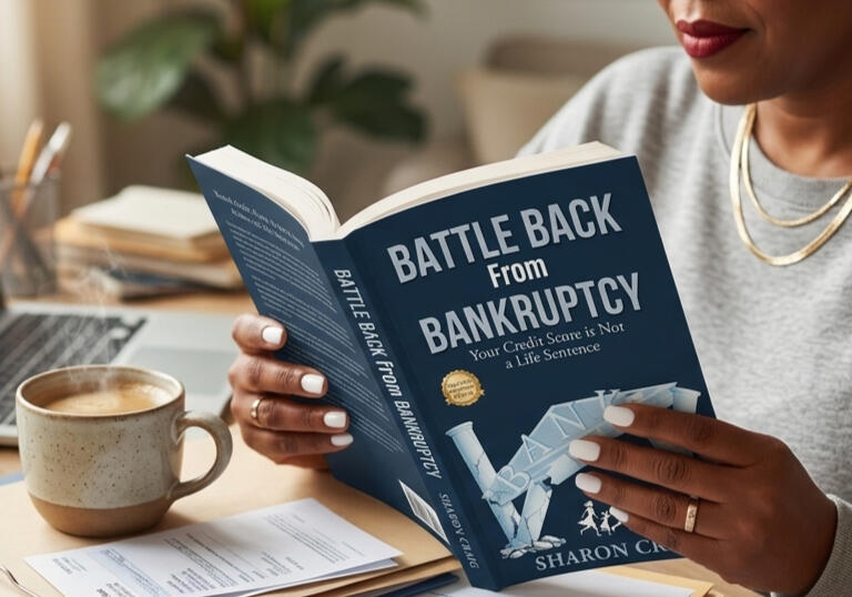 Hands holding an open copy of Battle Back from Bankruptcy at a desk